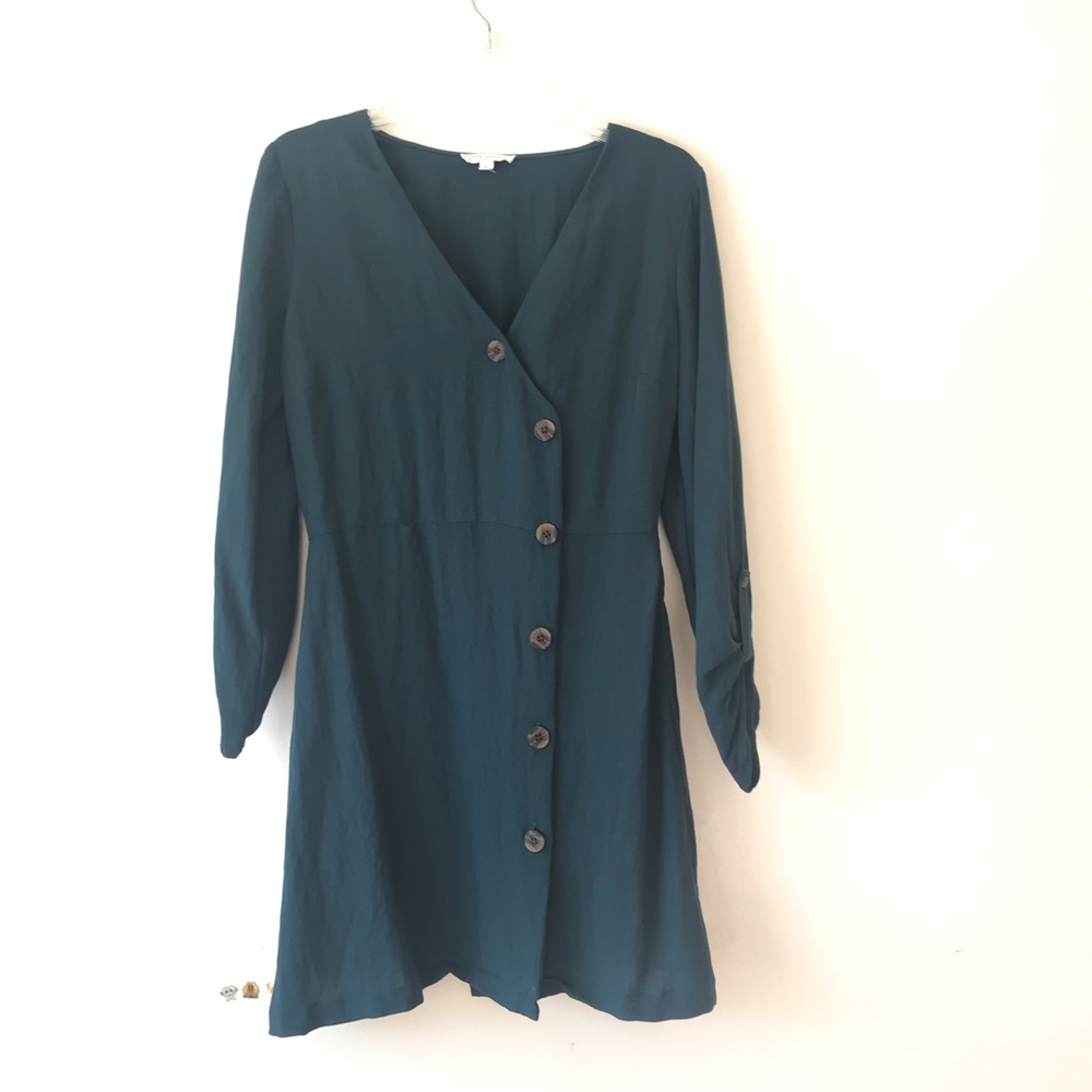 Day to day dark green wrap button front dress